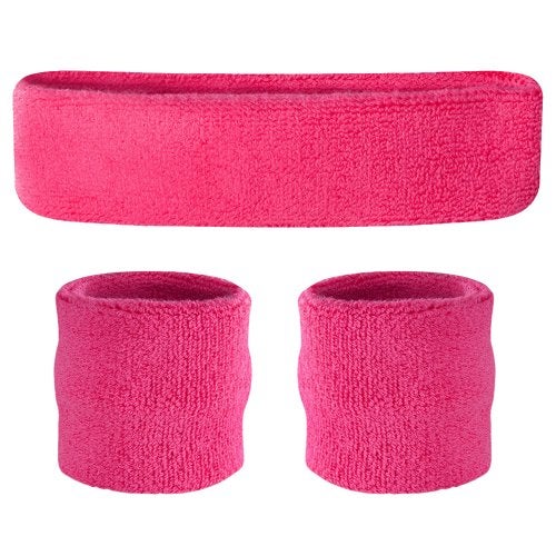 Suddora Sweatbands Set, Moisture Wicking 2 Wristbands and 1 Headband, Breathable Terry Cloth Athletic Bands for Basketball, Tennis, Yoga, Gym, Sweat Bands for Costumes and Cosplay, Neon Pink - Image 4