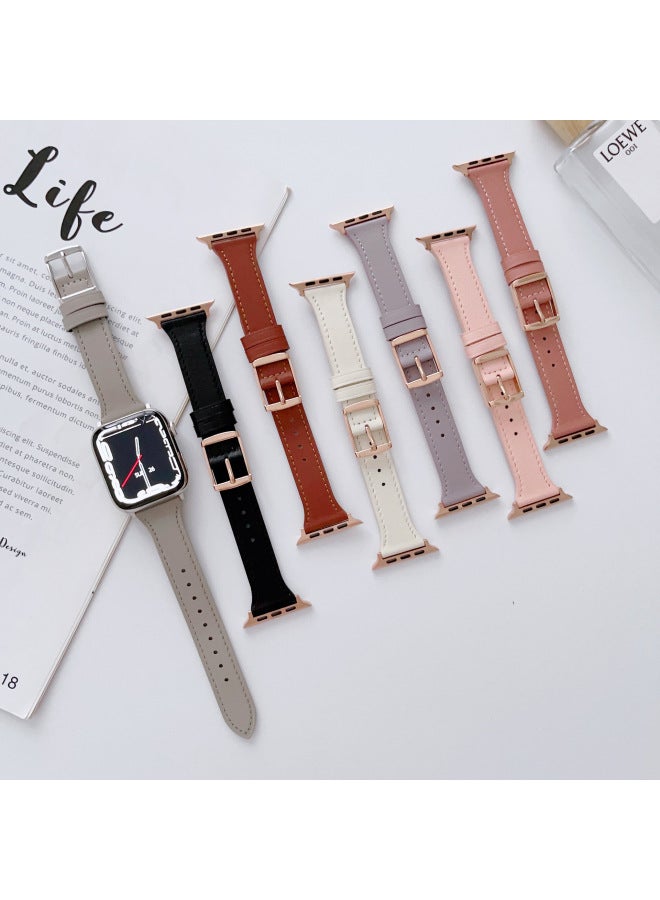 For Apple Applewatch Strap Ultra Leather Wristband Iwatchs8/7/6/5/4/se Day Buckle-Color:iWatch 7/41mm/Brown (silver Buckle)-Exterior Dimension:More Than 1000 - Image 5