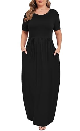 KARALIN Women’s Plus Size Maxi Dresses for Curvy Women Summer Casual Short Sleeve 2026 Long Dress Black 16W - Image 3