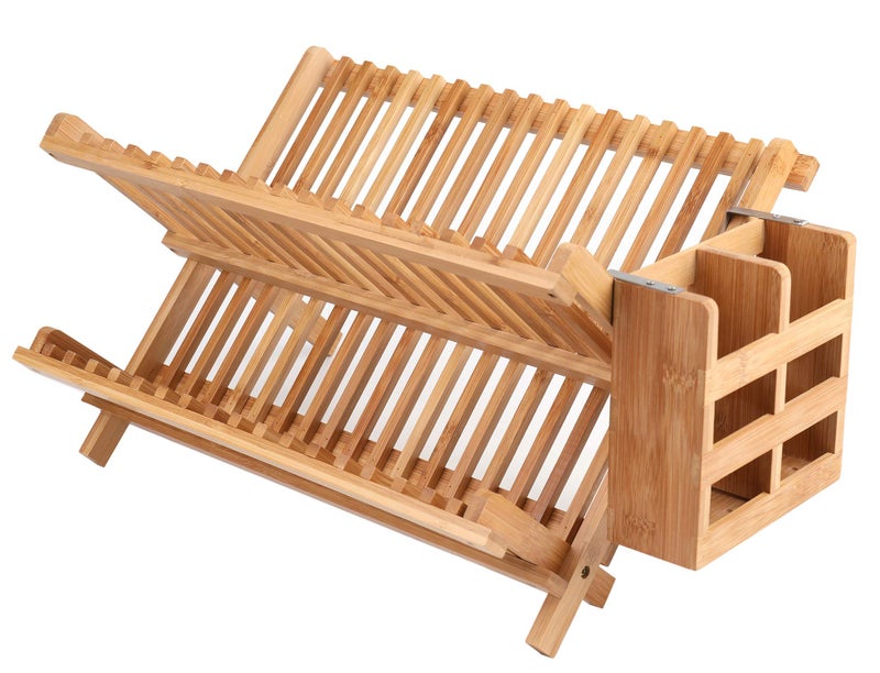 Lawei Bamboo Dish Drying Rack with Utensil Holder  Collapsible Dish Drainer Foldable Dish Rack Bamboo Plate Rack for Plates Cups Mugs Utensil Flatwares