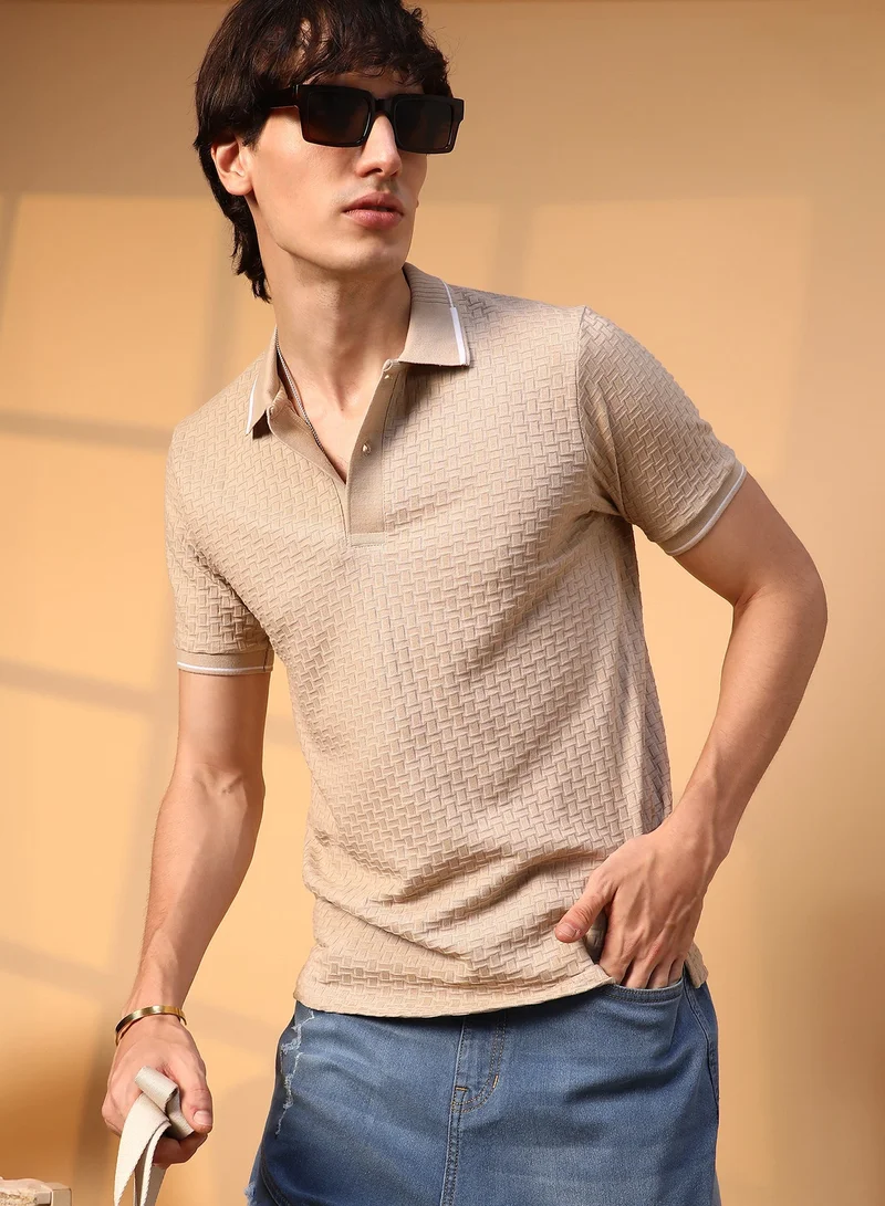 كامبوس سوترا Men's Saltbox Beige Interweave-Textured Polo T-Shirt For Casual Wear | Polo Neck | Short Sleeve | Half-Button Closure | T-Shirt Crafted With Comfort Fit For Everyday Wear
