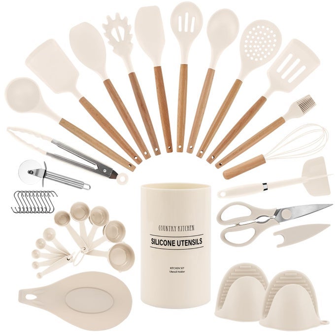 NON STICK SILICONE UTENSIL SET WITH ROUNDED WOOD HANDLES FOR COOKING AND BAKING 38 PIECE SET KHAKI
