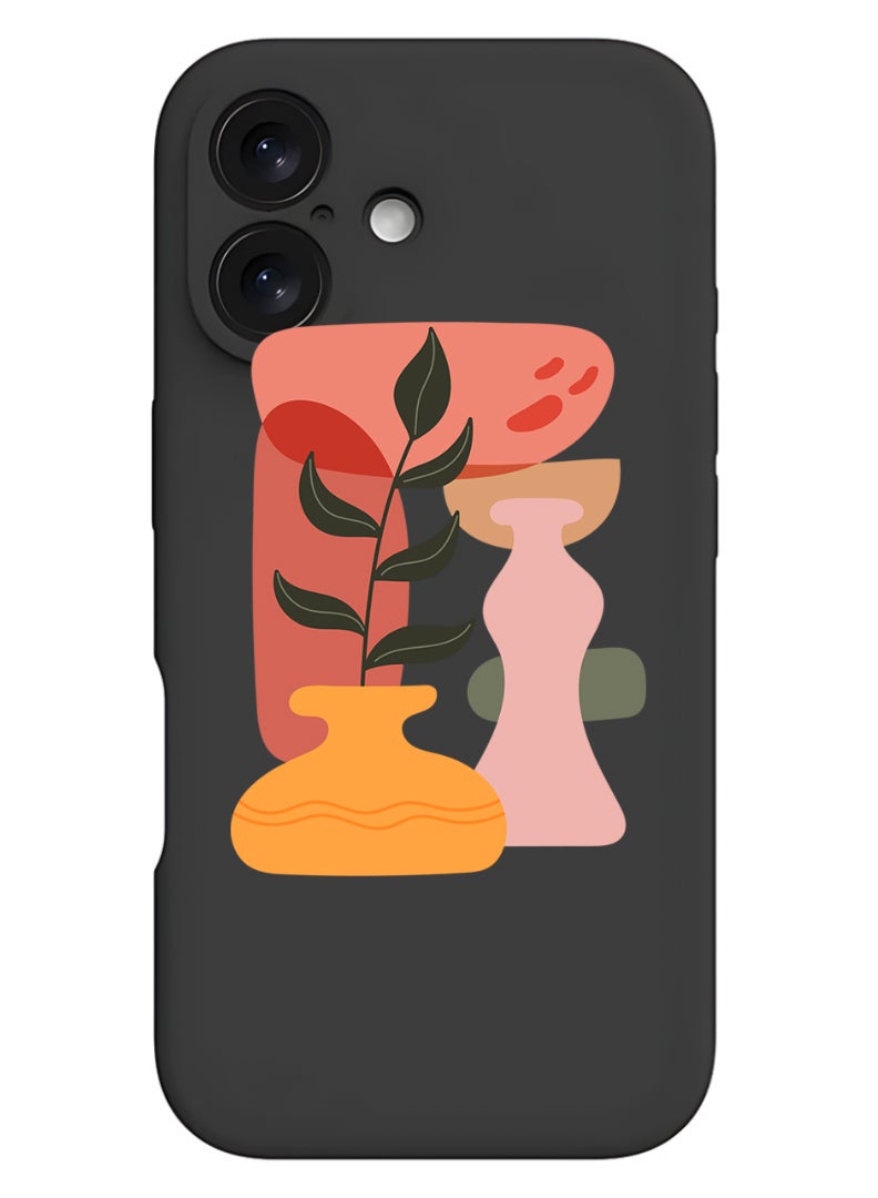 Theodor iPhone 16 Black Protective Slim Fit Case Liquid Silicone Cover with Full Body Protection Anti-Scratch Shockproof Case For iPhone - Vase leaf - Image 1
