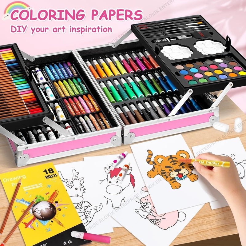 ARTEK Artek Art Set Gift 145pcs with Portable Aluminum Case Box Professional Artists Drawing Painting Kit for Kids Including Colored Pencils Watercolor Paints (Unicorn Pink) - Image 4