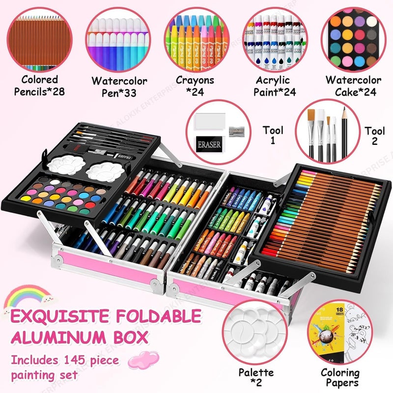 ARTEK Artek Art Set Gift 145pcs with Portable Aluminum Case Box Professional Artists Drawing Painting Kit for Kids Including Colored Pencils Watercolor Paints (Unicorn Pink) - Image 5