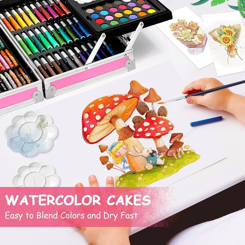 ARTEK Artek Art Set Gift 145pcs with Portable Aluminum Case Box Professional Artists Drawing Painting Kit for Kids Including Colored Pencils Watercolor Paints (Unicorn Pink) - Image 3