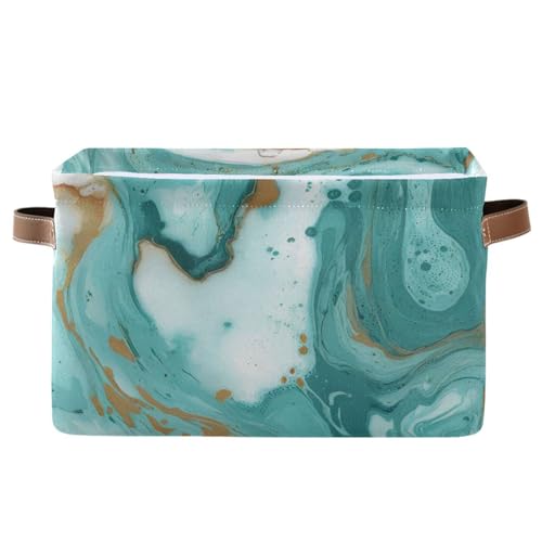 KEEPREAL Turquoise Marble Texture Basket Bin, Large Storage Basket for Toy, Canvas Storage Basket for Clothes, Decorative Basket for Home Office (15x11x9.5inch) - Image 1