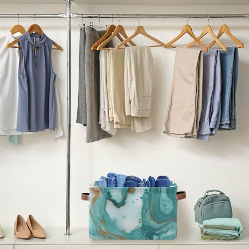 KEEPREAL Turquoise Marble Texture Basket Bin, Large Storage Basket for Toy, Canvas Storage Basket for Clothes, Decorative Basket for Home Office (15x11x9.5inch) - Image 4