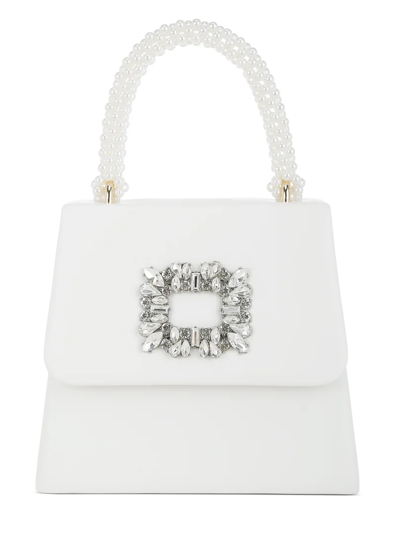 London Rag Pearl Top-Handle Diamante Brooch Bag in White
