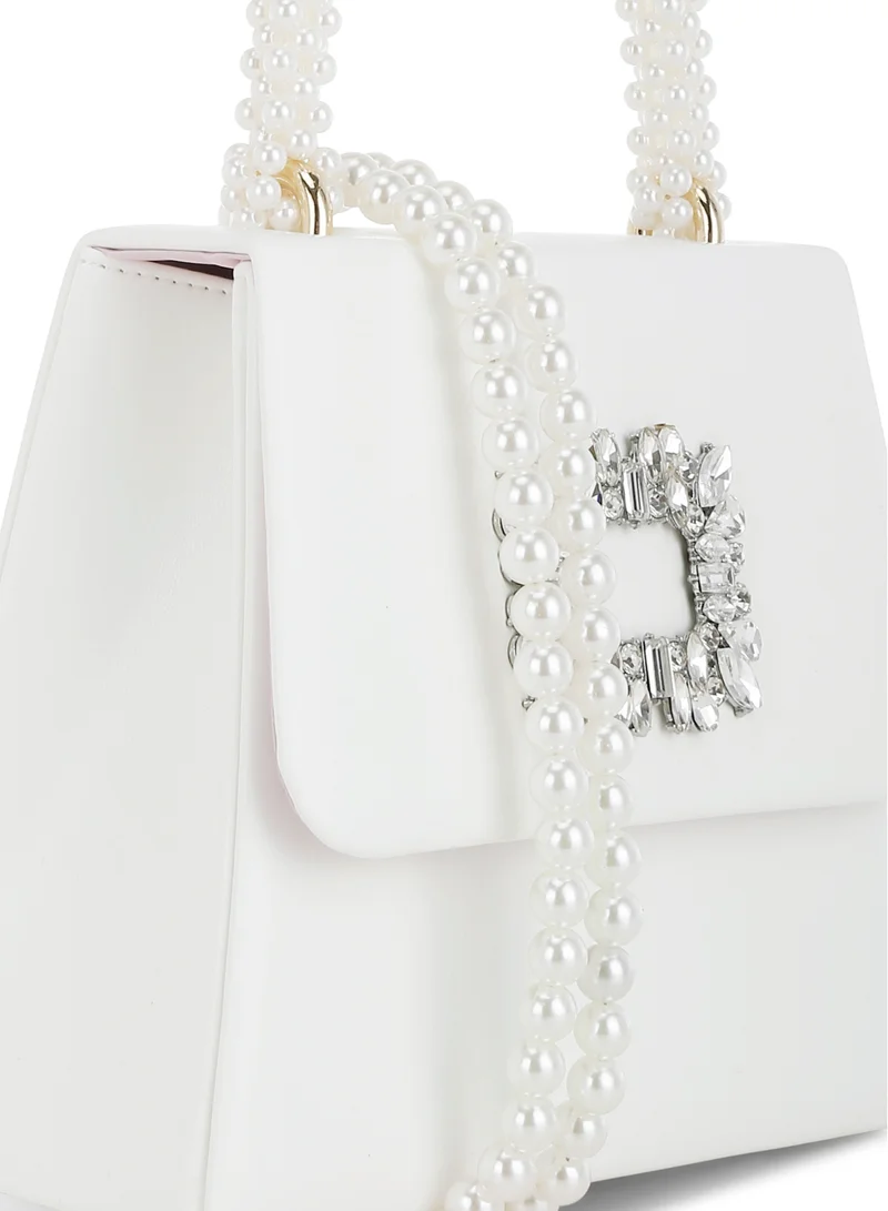 London Rag Pearl Top-Handle Diamante Brooch Bag in White