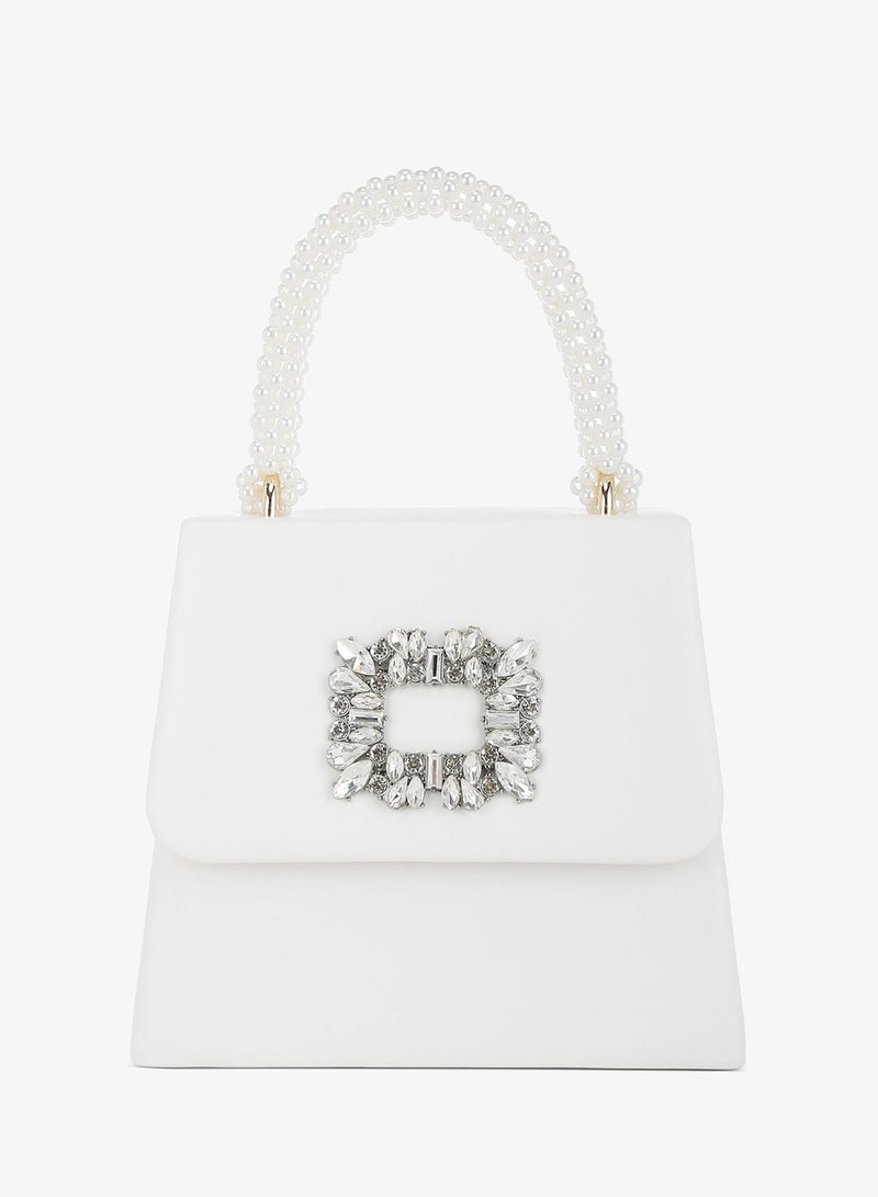 London Rag Pearl Top-Handle Diamante Brooch Bag in White - Image 3