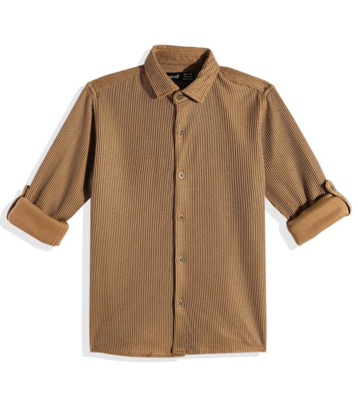 CAVIO Boys Spread Collar Full Sleeves Plain Shirt Brown - Image 4