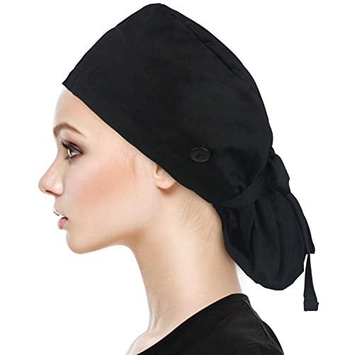 QBA Working Cap with Button Long Hair Adjustable Working Hat Sweatband Cotton Ponytail Holder Tie Back Hats for Women Men One Size