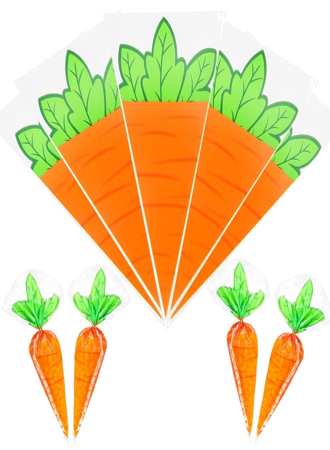Jacnkb Easter Cellophane Goodie Bags 50Pcs Orange Carrot Candy Bags Plastic Cone Shaped Treat Bags with Ties for Snack Gifts Cookies Easter Spring Party Favors Supplies - Image 1