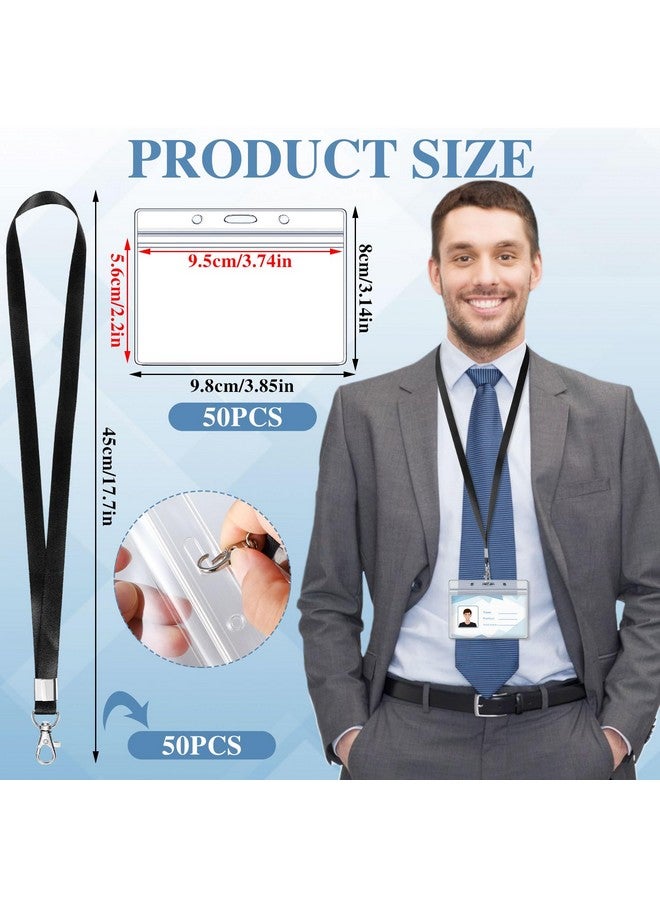 Prudiut 50 Pack Name Tag Lanyards With Id Holder Clear Plastic Horizontal Name Tags Holders And Black Badge Lanyards With Id Holder For School Office Team Workers Volunteers (Black) - Image 2