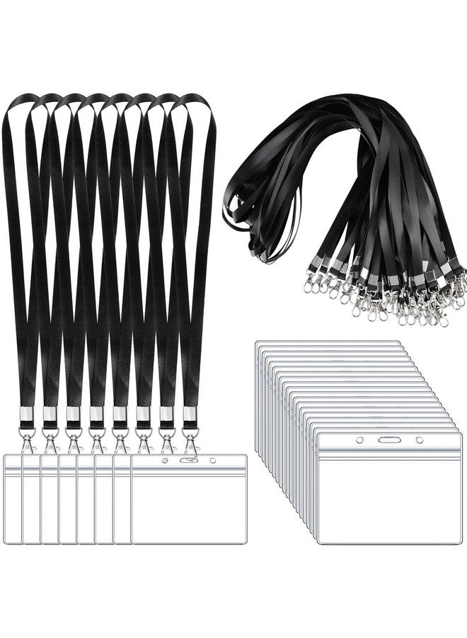 Prudiut 50 Pack Name Tag Lanyards With Id Holder Clear Plastic Horizontal Name Tags Holders And Black Badge Lanyards With Id Holder For School Office Team Workers Volunteers (Black) - Image 1