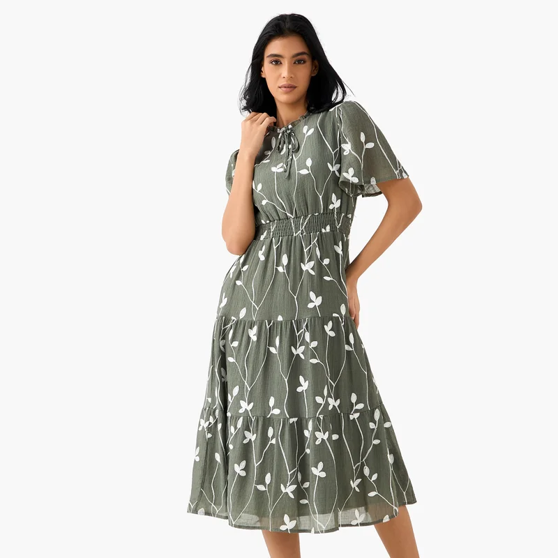 Tiered Midi Viscose Dress with Flutter Sleeves