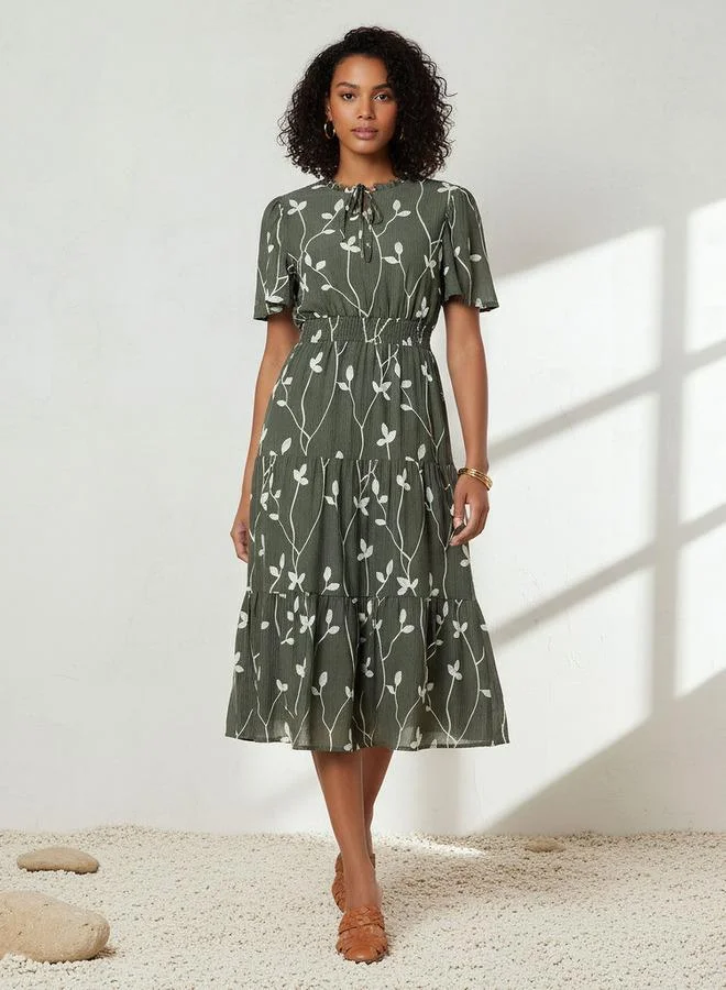 Splash FAV Embroidered Tiered Midi Viscose Dress with Flutter Sleeves
