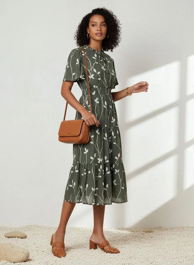 Splash FAV Embroidered Tiered Midi Viscose Dress with Flutter Sleeves
