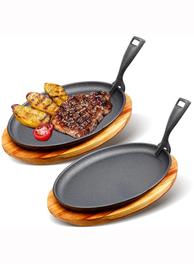 موندا طقم مقلاة من الحديد الزهر مكون من قطعتين، طبق فاهيتا، مقلاة ساخنة مع قاعدة خشبية، حماية من الحروق، مقبض قابل للإزالة، ملحق طهي لمطبخ المطعم، حفلات الشواء - Image 1