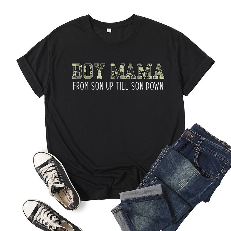 Boys mother Boy Mama printed short sleeve T-shirt European and American mens and womens jacket summer loose wholesale foreign trade cross-border Black