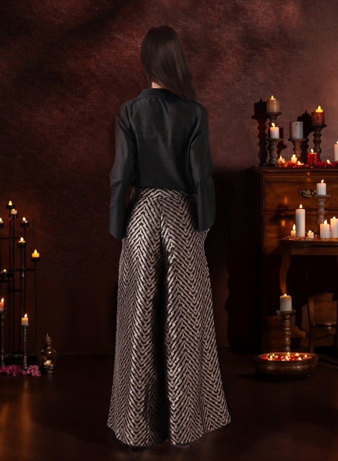 ISHIN Women'S Black 100% Cotton Self Design Full Length Palazzo Co Ords - Image 5