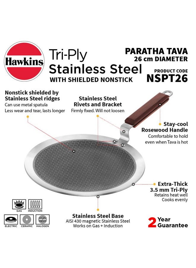 Hawkins 26 cm Paratha Tava, Triply Stainless Steel Shielded Nonstick Tawa with Rosewood Handle, Honeycomb Non Stick Induction Tawa, Silver (NSPT26) - Image 2