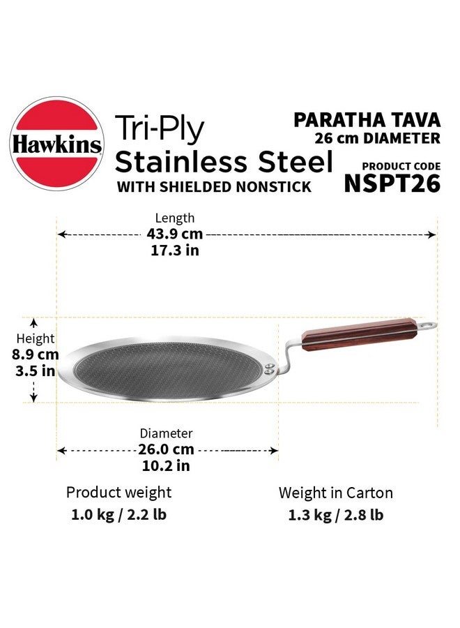 Hawkins 26 cm Paratha Tava, Triply Stainless Steel Shielded Nonstick Tawa with Rosewood Handle, Honeycomb Non Stick Induction Tawa, Silver (NSPT26) - Image 3