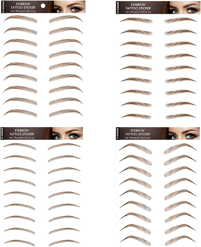 Yesallwas 4 Sheets 36 Pairs 4D Hairlike Brown Eyebrow Tattoo Sticker False Eyebrows Long Lasting Waterproof Makeup Eye Brow Stickers for Women Lady