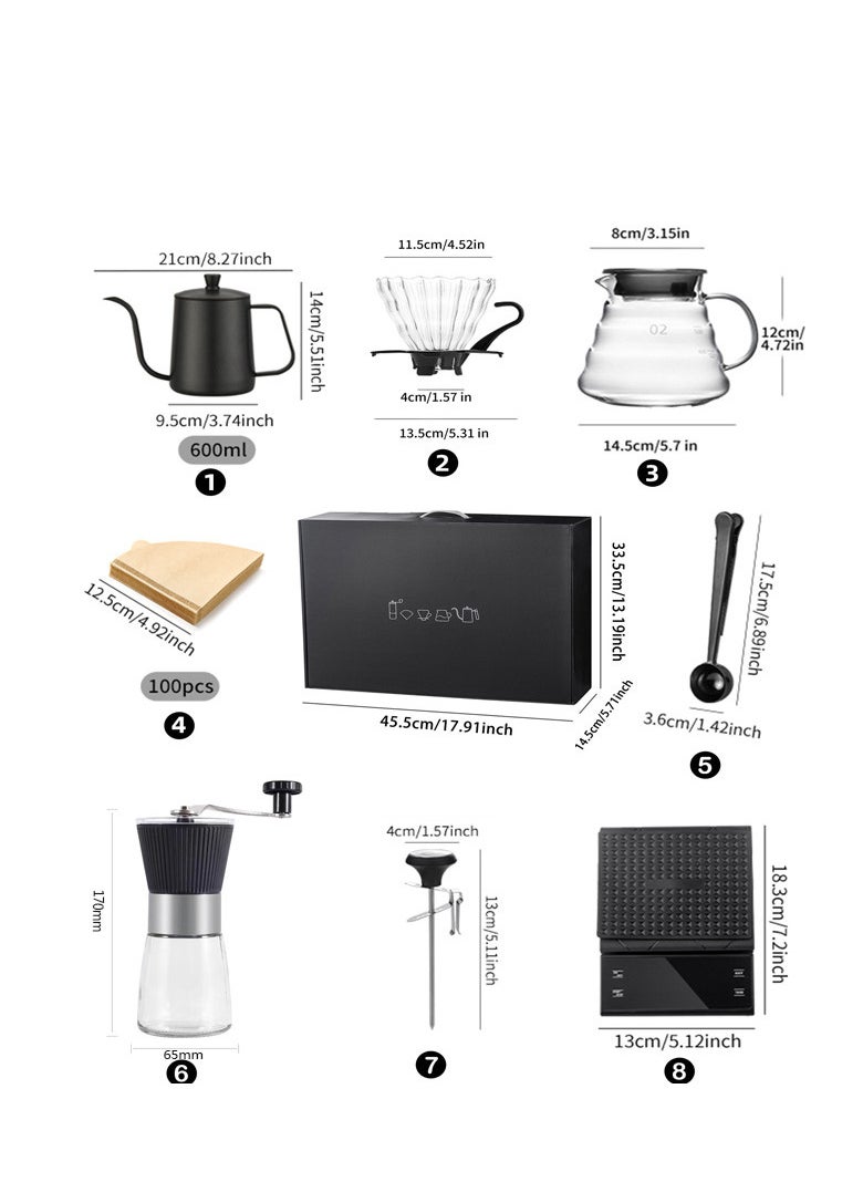 V60 Coffee Maker Coffee Set 8 Pcs Drip Coffee Maker Kit Portable Travel Kits Automatic Coffee Scale with Timer Coffee Pot with Thermometer Premium Coffee Set for Offices Camping