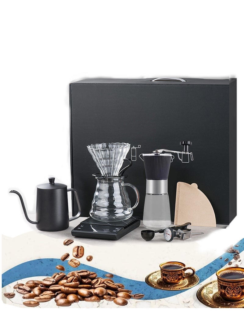 V60 Coffee Maker Coffee Set 8 Pcs Drip Coffee Maker Kit Portable Travel Kits Automatic Coffee Scale with Timer Coffee Pot with Thermometer Premium Coffee Set for Offices Camping
