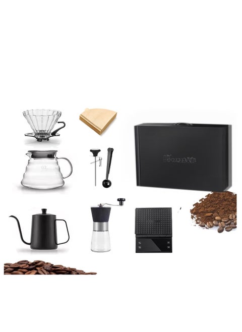 V60 Coffee Maker Coffee Set 8 Pcs Drip Coffee Maker Kit Portable Travel Kits Automatic Coffee Scale with Timer Coffee Pot with Thermometer Premium Coffee Set for Offices Camping