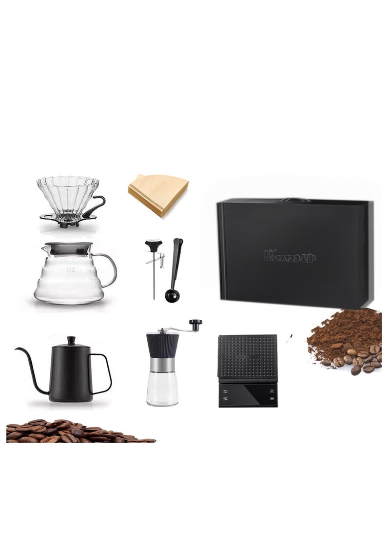V60 Coffee Maker Coffee Set 8 Pcs Drip Coffee Maker Kit Portable Travel Kits Automatic Coffee Scale with Timer Coffee Pot with Thermometer Premium Coffee Set for Offices Camping