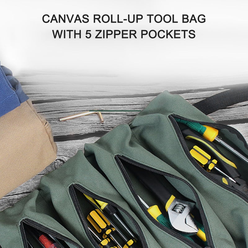 Canvas Roll-up Tool Bag: Blue Heavy Duty Waterproof Canvas - 5 Zipper Pockets Roll-up Tool Organizer for Mechanics, DIY Enthusiasts and On-the-go Tool Storage - Image 3