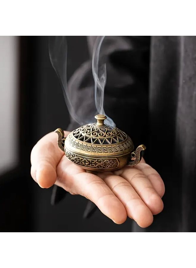 Bronze Aromatherapy Stove Incense Burner Handcrafted Geometric Floral Patterns Home Decor - Image 1