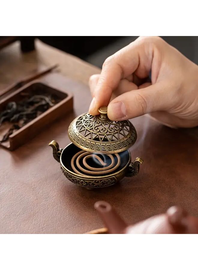Bronze Aromatherapy Stove Incense Burner Handcrafted Geometric Floral Patterns Home Decor - Image 4