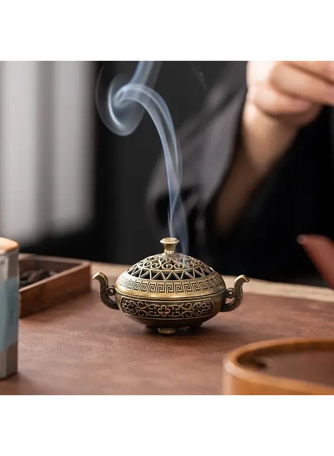 Bronze Aromatherapy Stove Incense Burner Handcrafted Geometric Floral Patterns Home Decor - Image 5