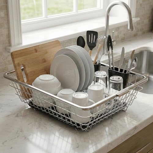 BIRDWING Heavy Duty Stainless Steel Utensil Drying Stand – Extra Large Kitchen Dish Rack with Water Drain Tray, Countertop Plate Bowl Organizer Basket,60x47x23 Cm - Image 2