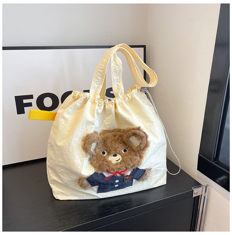 Cartoon Embroidered Versatile Shoulder Bag Tote Bag Women'S Lazy Style Large Capacity Student Class Commuter Canvas Bag