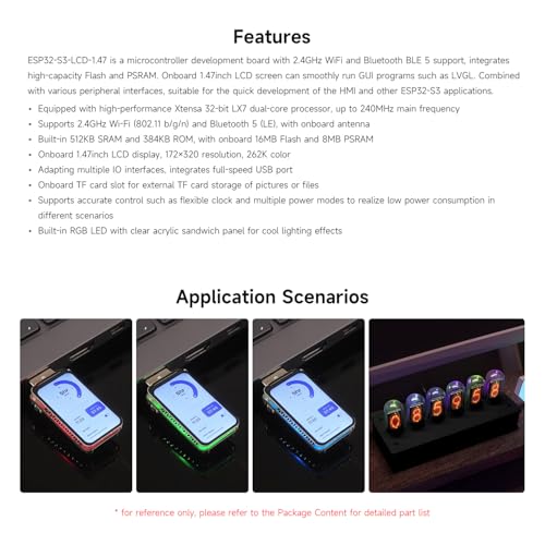 Waveshare ESP32-S3 1.47inch Display Development Board, Dual-core Processor Up to 240MHz Frequency, 172×320, 262K Color, Supports WiFi & BLE 5, with Colorful RGB LED, ESP32 with Display - Image 4