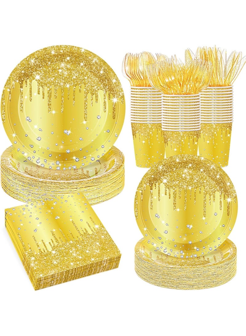 Bukela 450-Piece Gold Birthday Party Decoration Set, Gold Glitter Paper Plates With Diamond Pattern, Disposable Napkins And Cups For Ladies' Birthday, Anniversary And Wedding Celebrations. - Image 1