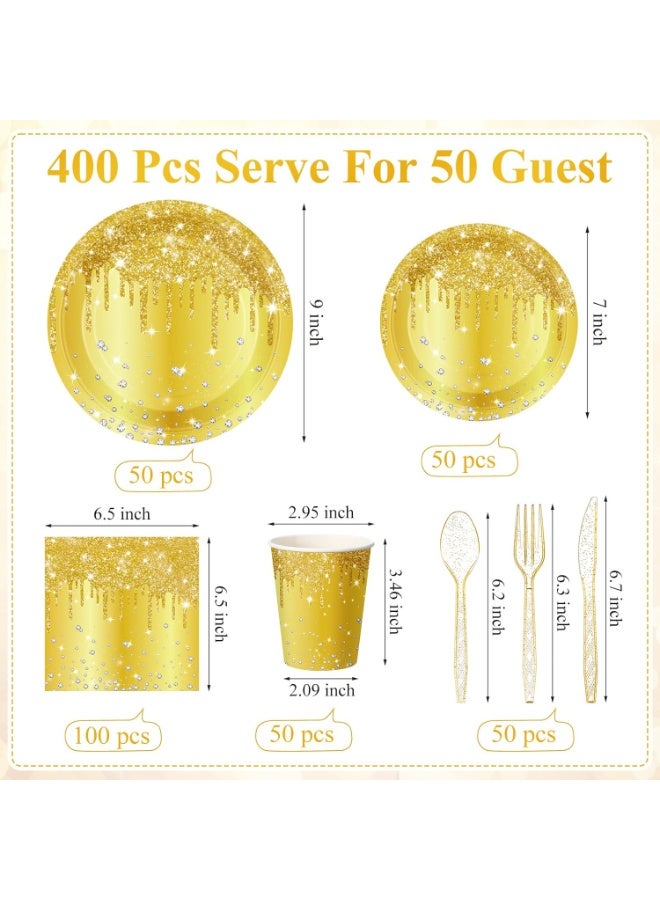 Bukela 450-Piece Gold Birthday Party Decoration Set, Gold Glitter Paper Plates With Diamond Pattern, Disposable Napkins And Cups For Ladies' Birthday, Anniversary And Wedding Celebrations. - Image 2