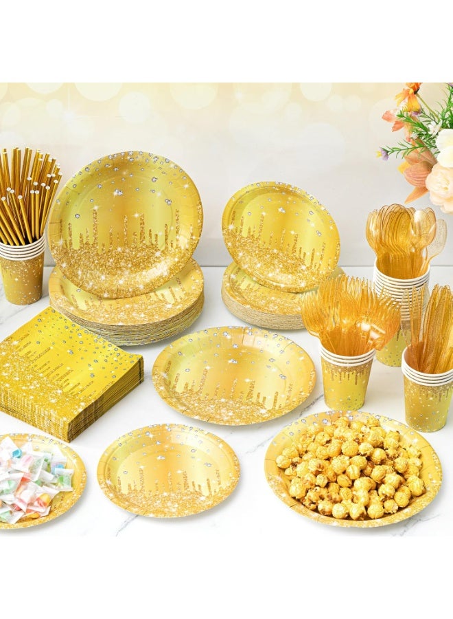 Bukela 450-Piece Gold Birthday Party Decoration Set, Gold Glitter Paper Plates With Diamond Pattern, Disposable Napkins And Cups For Ladies' Birthday, Anniversary And Wedding Celebrations. - Image 3