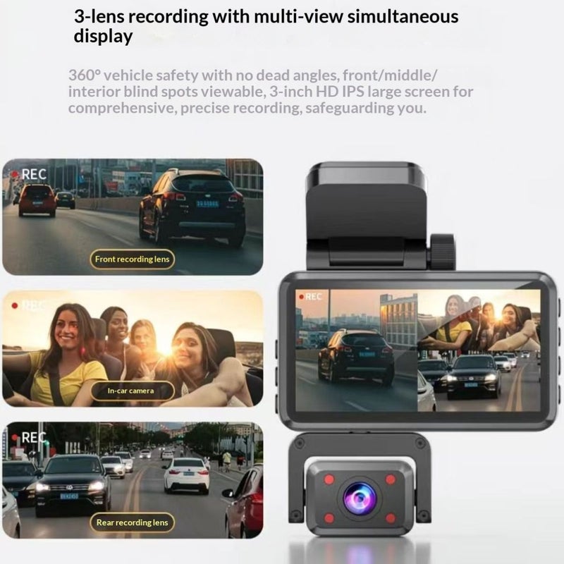 Three Lens 1080P Driving Recorder Silvery Two Channel Model Multi Angle Internal External Dual Recording Clear Image Quality 24 Hour Parking Monitoring G Sensor - Image 1