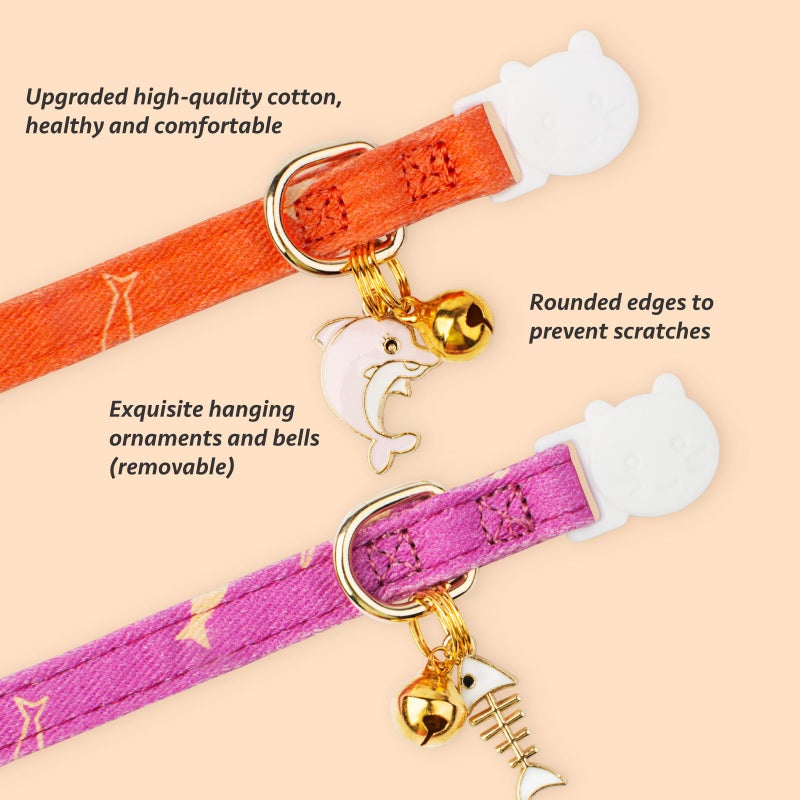 FYEQYAOU 2 Pack Cotton Breakaway Cat Collar Orange and Purple Fish Pendant Cute Kitten Cat Collar with Bell - Image 2