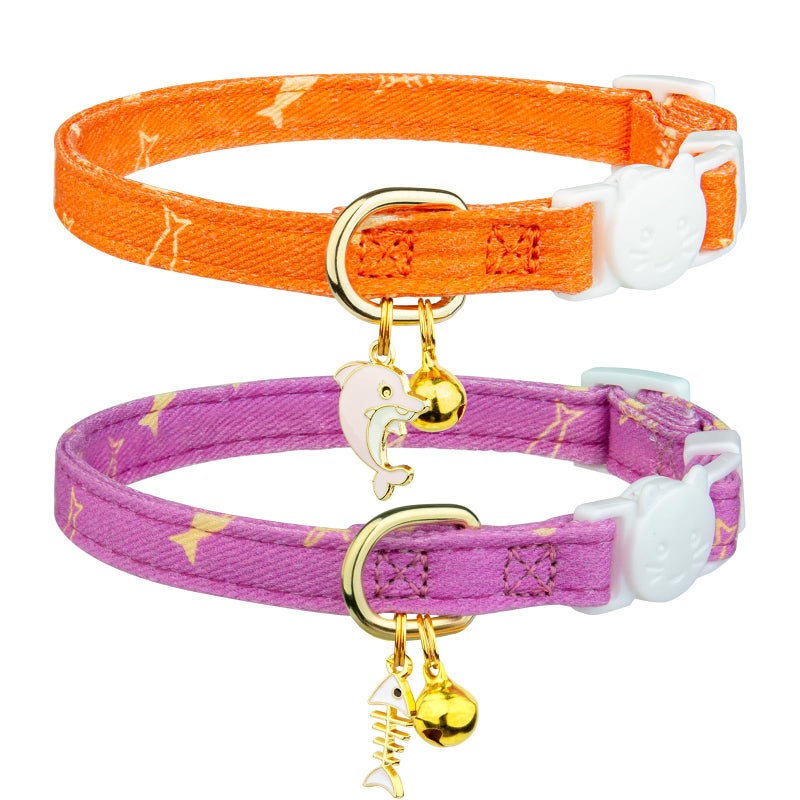 FYEQYAOU 2 Pack Cotton Breakaway Cat Collar Orange and Purple Fish Pendant Cute Kitten Cat Collar with Bell - Image 1