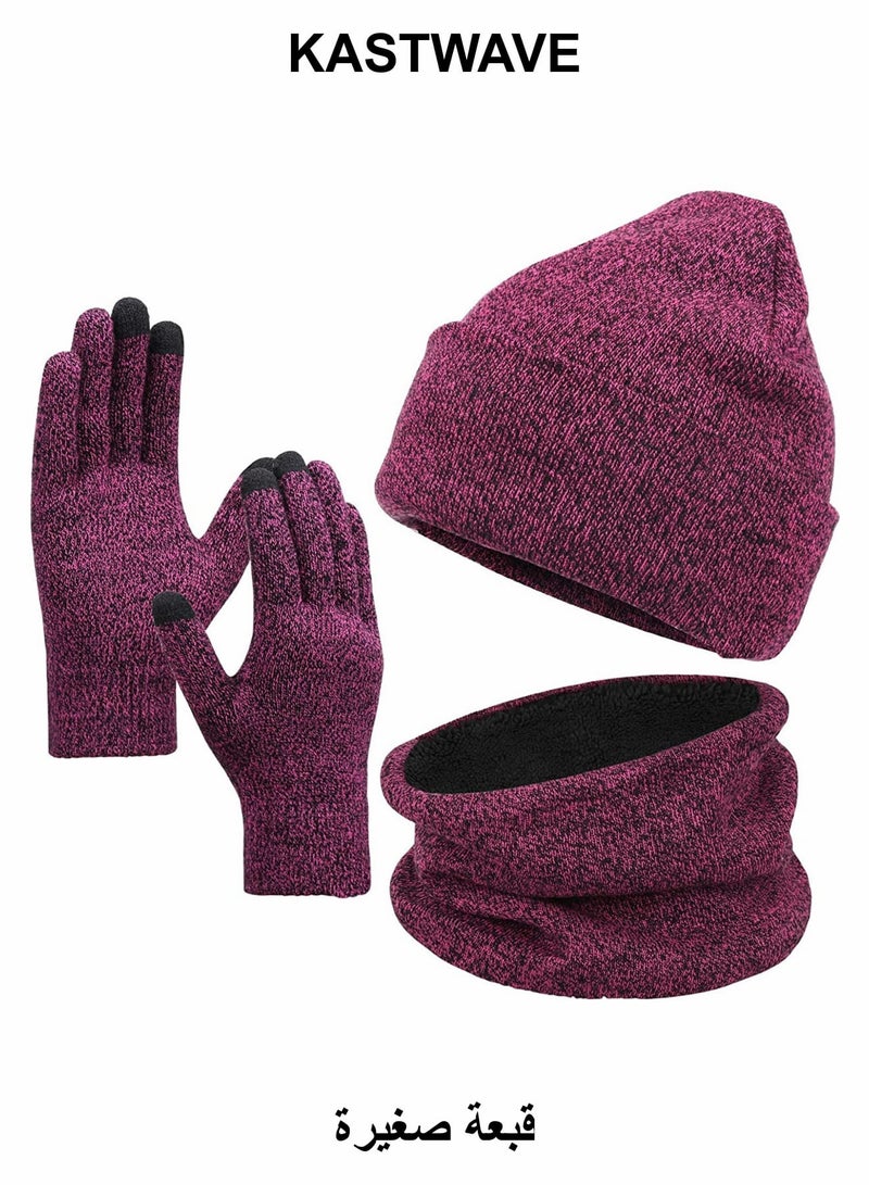 KASTWAVE Winter Beanie Hat Scarf Touchscreen Gloves Set(Rose Red) - Image 1