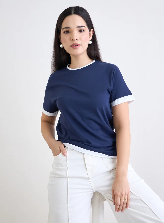 Styli Styli Navy Blue Regular Fit Cotton Ringer T-Shirt