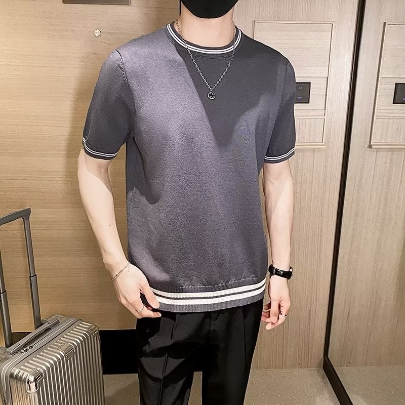 Men'S Round Neck Striped Sweater T-Shirt Summer Thin Breathable Half-Sleeve Slim-Fit Short-Sleeved Korean Style Trendy T-Shirt Top - Image 1