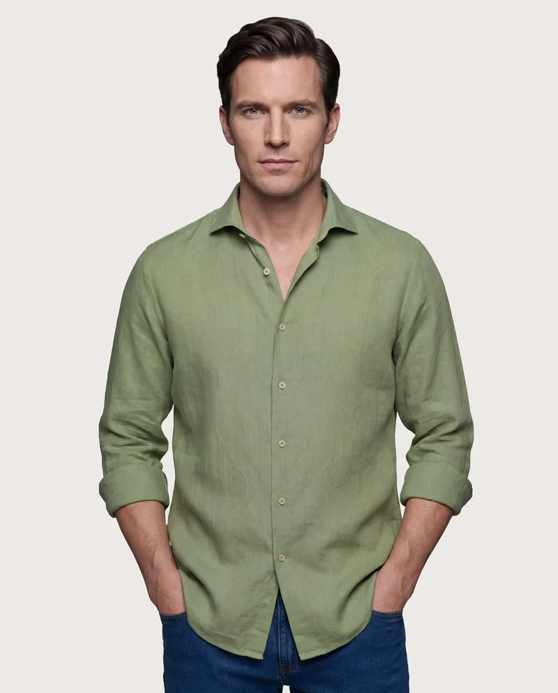 كاميتشسما Trendy Green Linen Slim Comfort Shirt